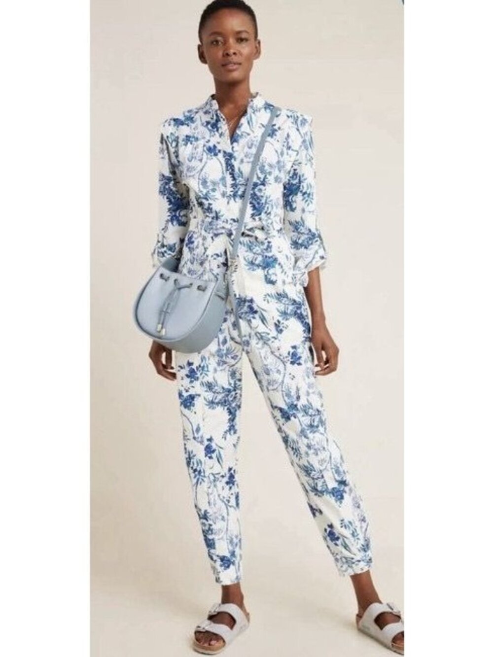 Anthropologie LUCIENNE Belted Jumpsuit 0P Long Sleeve Floral White Blue Belted
